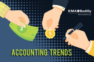 Graphic for accounting trends featuring a bill, coin, and a pen.